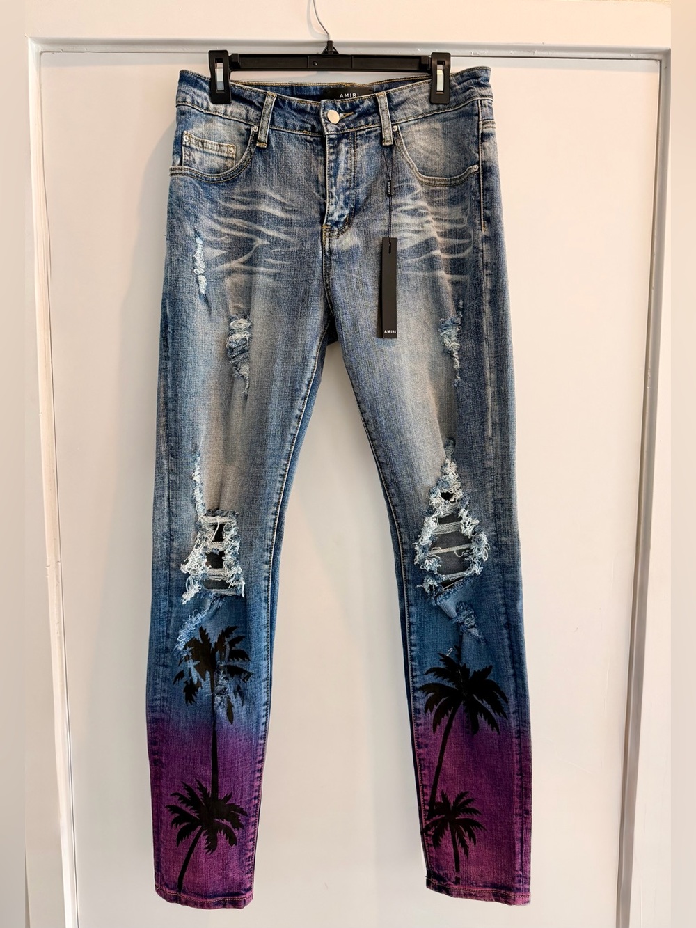 AMIRI NWT Blue to Purple Ombre Distressed Palm Tree Skinny Jeans. Size 32